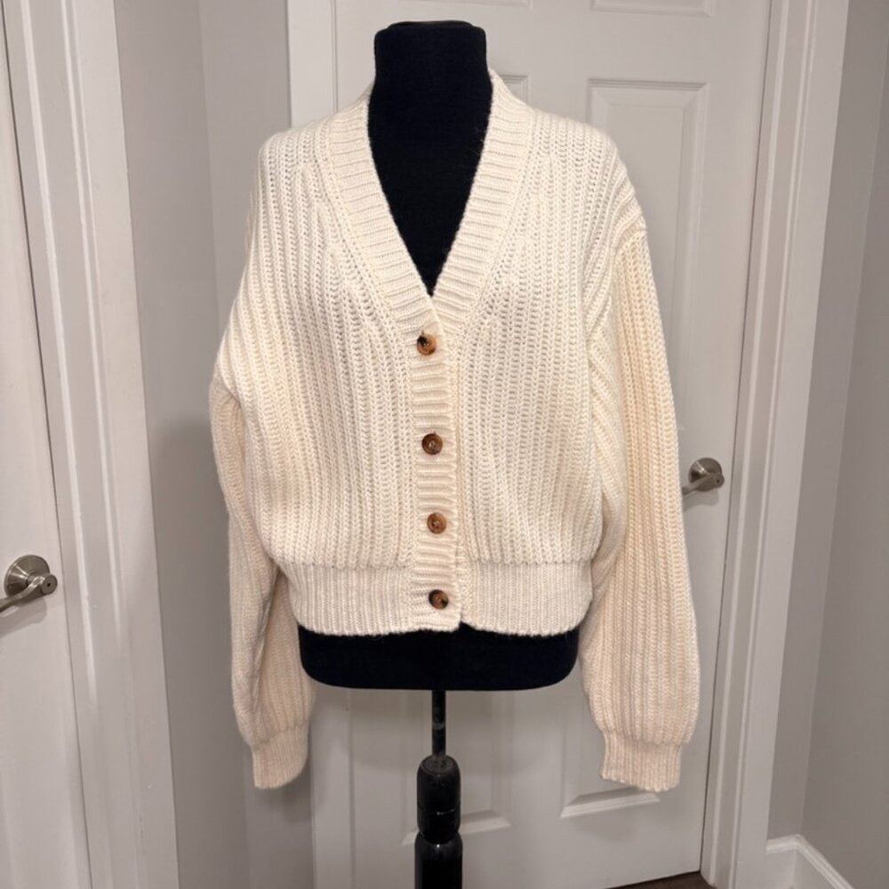 Prada Ivory Cashmere/Wool Knit Button V Neck Cardigan, Sz. 40